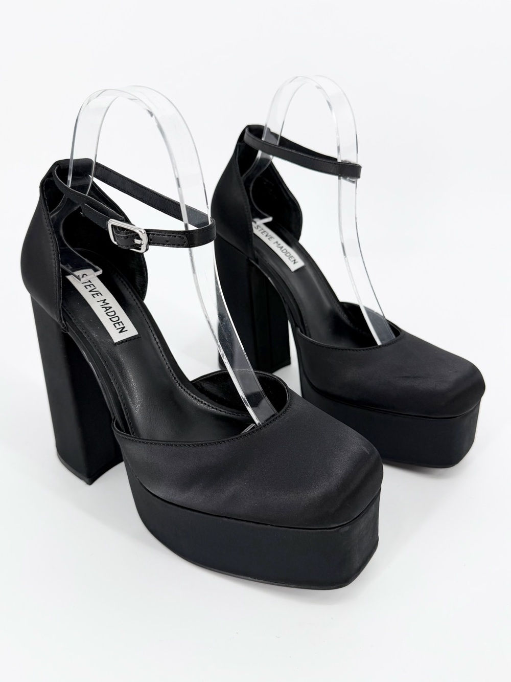 Steve Madden Tamy Black Satin Platform Heeled Sandals